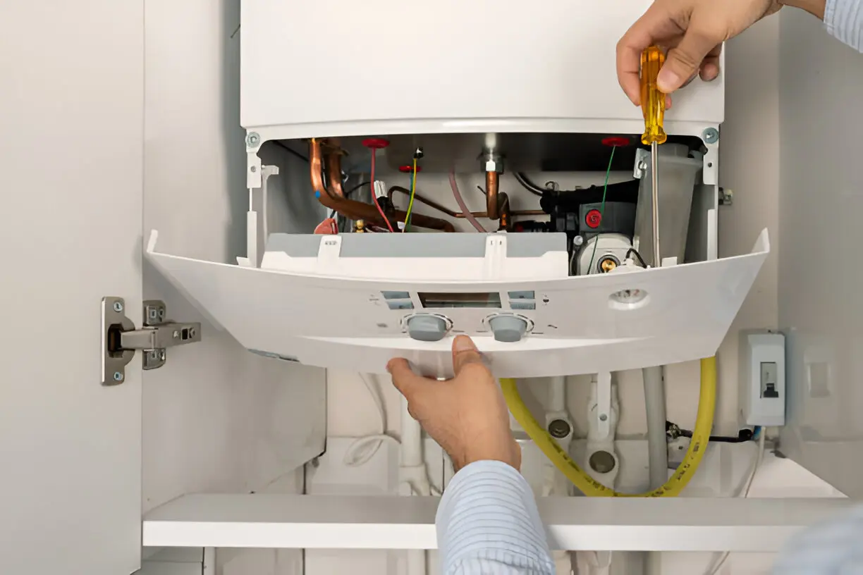 Home 15 Technician servicing a central heating system in Bonita Springs home